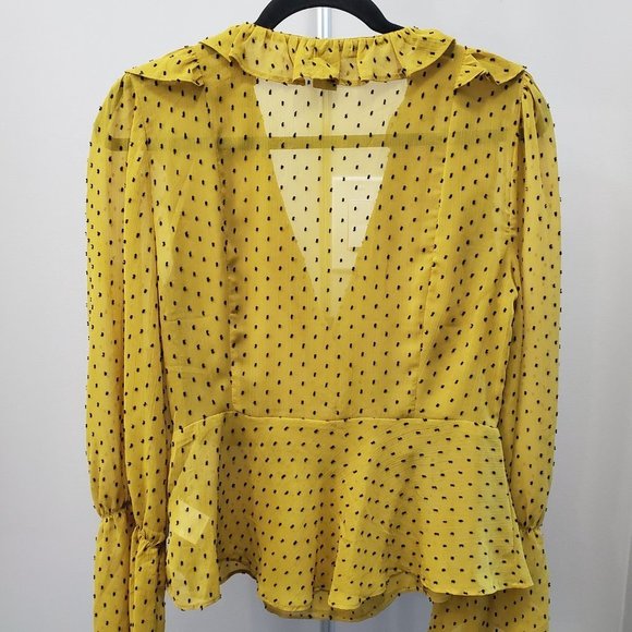 𝅺belle Vere Mustard Black Polka Dot Ruffled V-Neck Peplum Blouse Size S - Picture 5 of 6